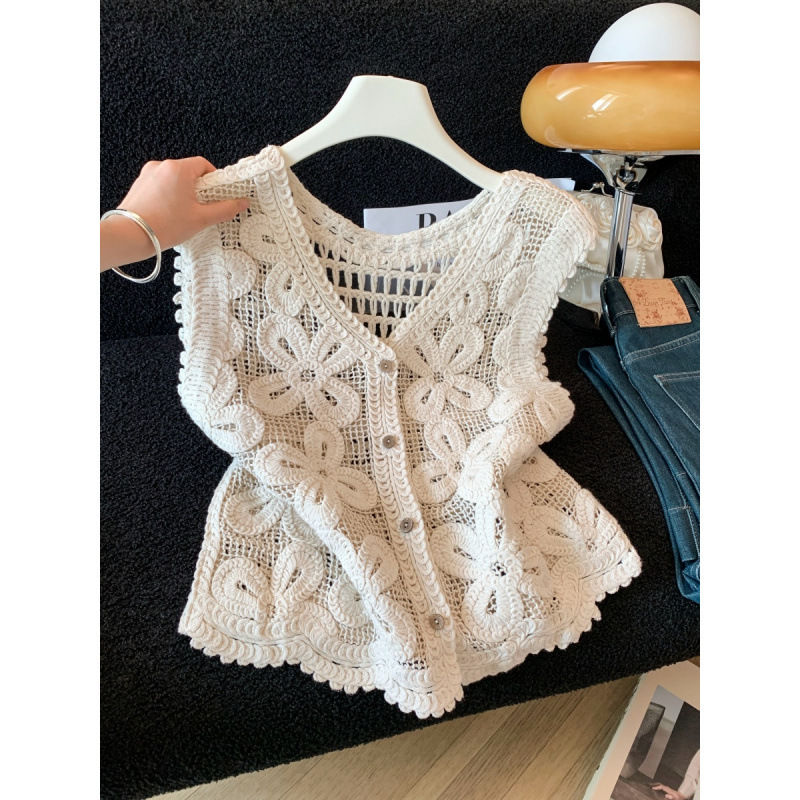Korean Chic and Unique Summer Vacation Outerwear Hollow-Out Knitted Sleeveless Top for Women New Style Outerwear Lace