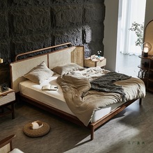 北欧藤床1.8米卧室大床民宿酒店侘寂风复古主卧藤编床双人实木床