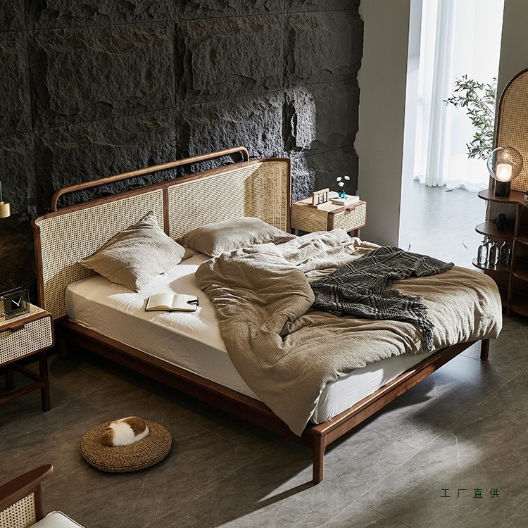 北欧藤床1.8米卧室大床民宿酒店侘寂风复古主卧藤编床双人实木床