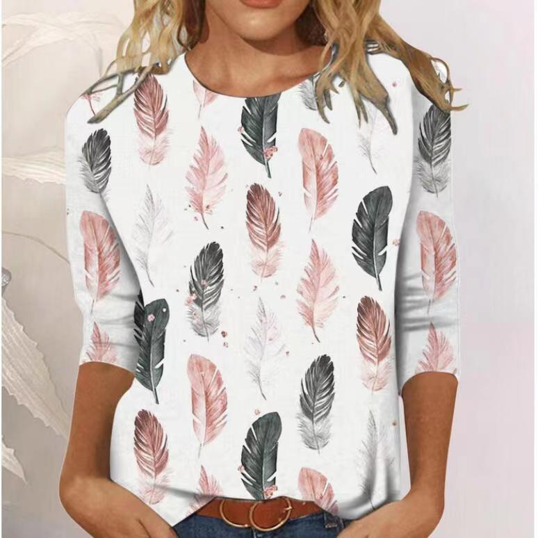 T-shirt décontracté à manches 2024 et col rond pour femmes, imprimé numérique, nouvelle collection 3/4_voghion.com