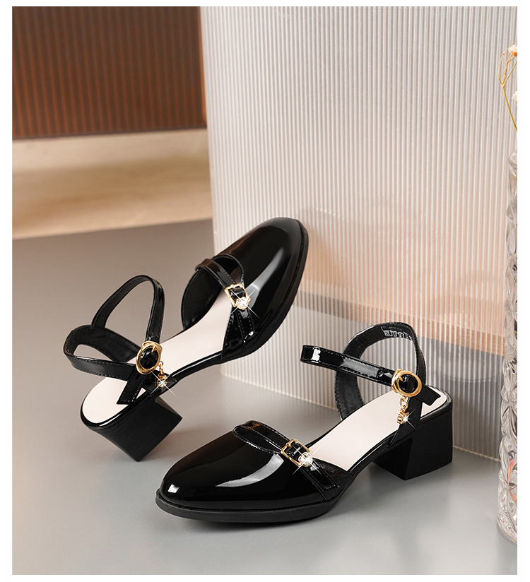 Sandal bít mũi nữ gót thô đi làm đế mềm da thật — Màu đen chi tiết 22