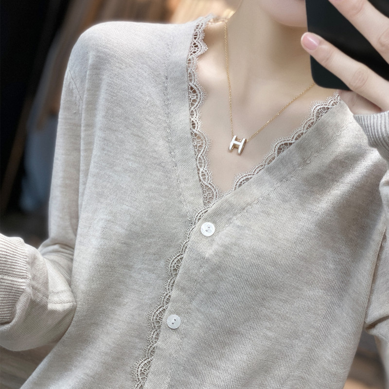 Fashionable Thin V-neck Lace Micro-through Worsted Wool Knitted Cardigan Women's Spring and Autumn All-match Coat Base Top Trendy Fashionable Thin V-neck Lace Micro-through Worsted Wool Knitted Cardigan Women's Spring and Autumn All-match Coat Base Top Trendy