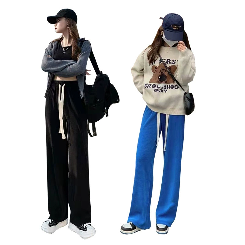 Demi-Season Wide-Leg Trousers, Oversize Loose Straight Fit, Elastic Waist — One Size