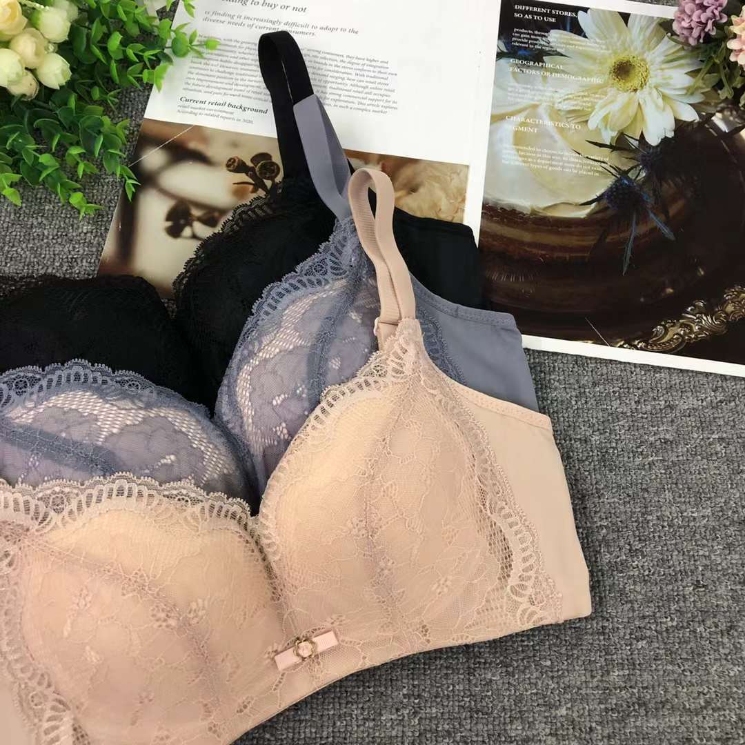 Nuevo sujetador inalámbrico moda encaje jacquard transpirable cómodo clásico tres breasted ropa interior para las mujeres al por mayor