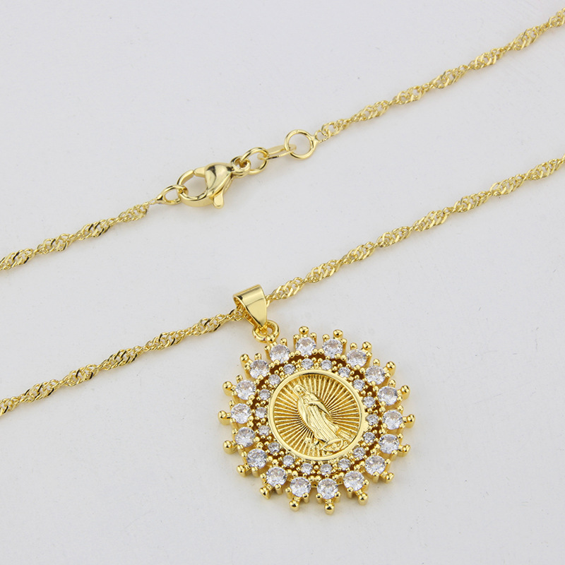 European and American Virgin Mary inlaid zirconium round copper necklace