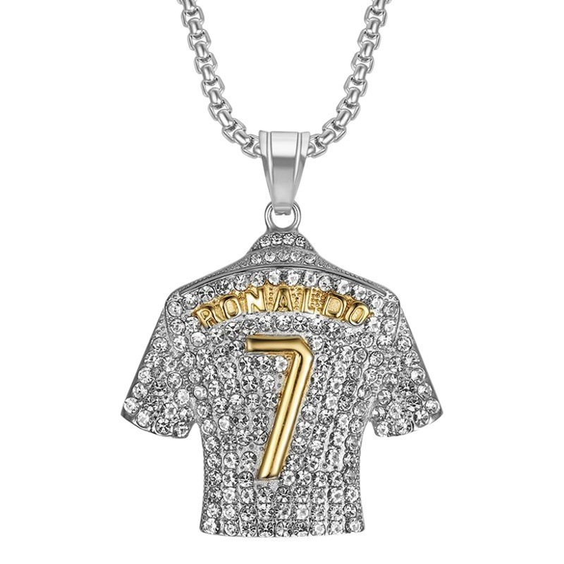 European and American cross-border new hip hop hiphop jewelry titanium steel gold-plated diamond-embedded C Luo No. 7 Jersey pendant necklace