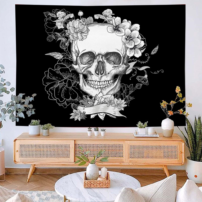 Schwarz-weißer Hintergrundstoff, Wandteppich für Zuhause, Live-Übertragung, Hintergrunddekoration, Totenkopfkopf – G_voghion.com