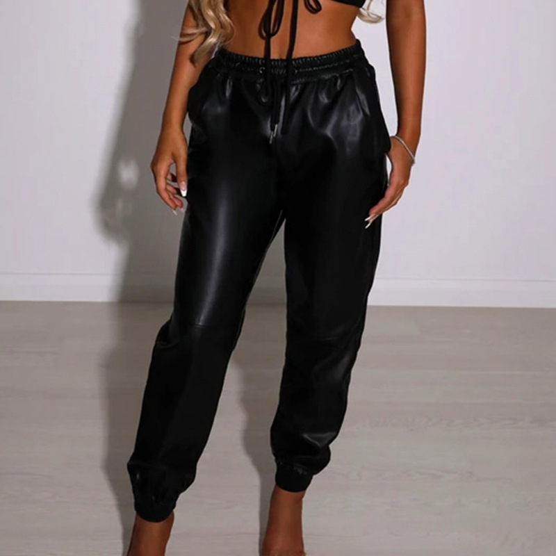 solid color high-waist elastic harem leather pants NSJZC123757