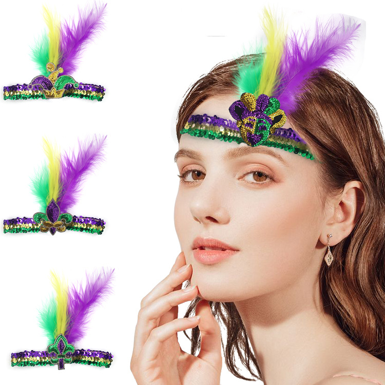 跨境狂欢节亮片羽毛头带三色舞会亚马逊派对道具化妆新款节日批发