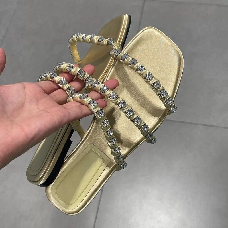 Small CK style high-end rhinestone slip-on sandals for women, fashionable low-heel flat square-toed open-toe summer outdoor sandals