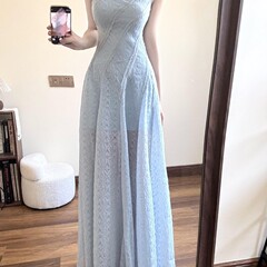 フレンチブルーのサスペンダードレス女性の夏の新しいスタイルの証明書ドレスホリデービーチ気質ウエスト痩身ロングスカート