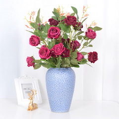 3頭絨布玫瑰仿真花束家居婚慶假花多頭玫瑰花長枝酒店攝影道具人