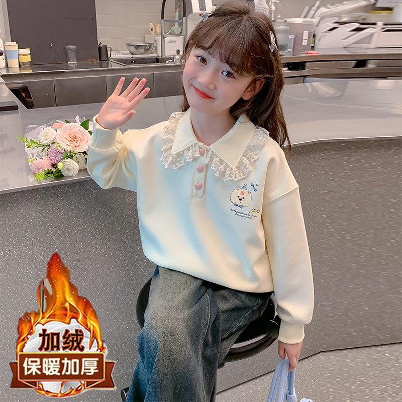 Girls' winter fleece-lined sweatshirt, 2025 new style, fashionable children's winter polo shirt, versatile top for girls.