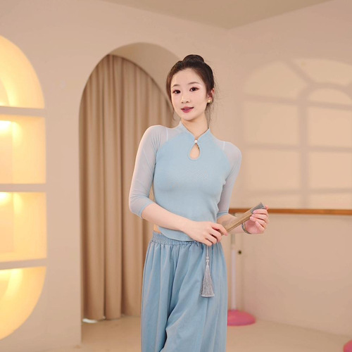 Classical dance clothing for women with spliced ​​gauze sleeves, spring and summer new slim-fitting tops, Chinese dance retro practice clothing, ancient style clothing