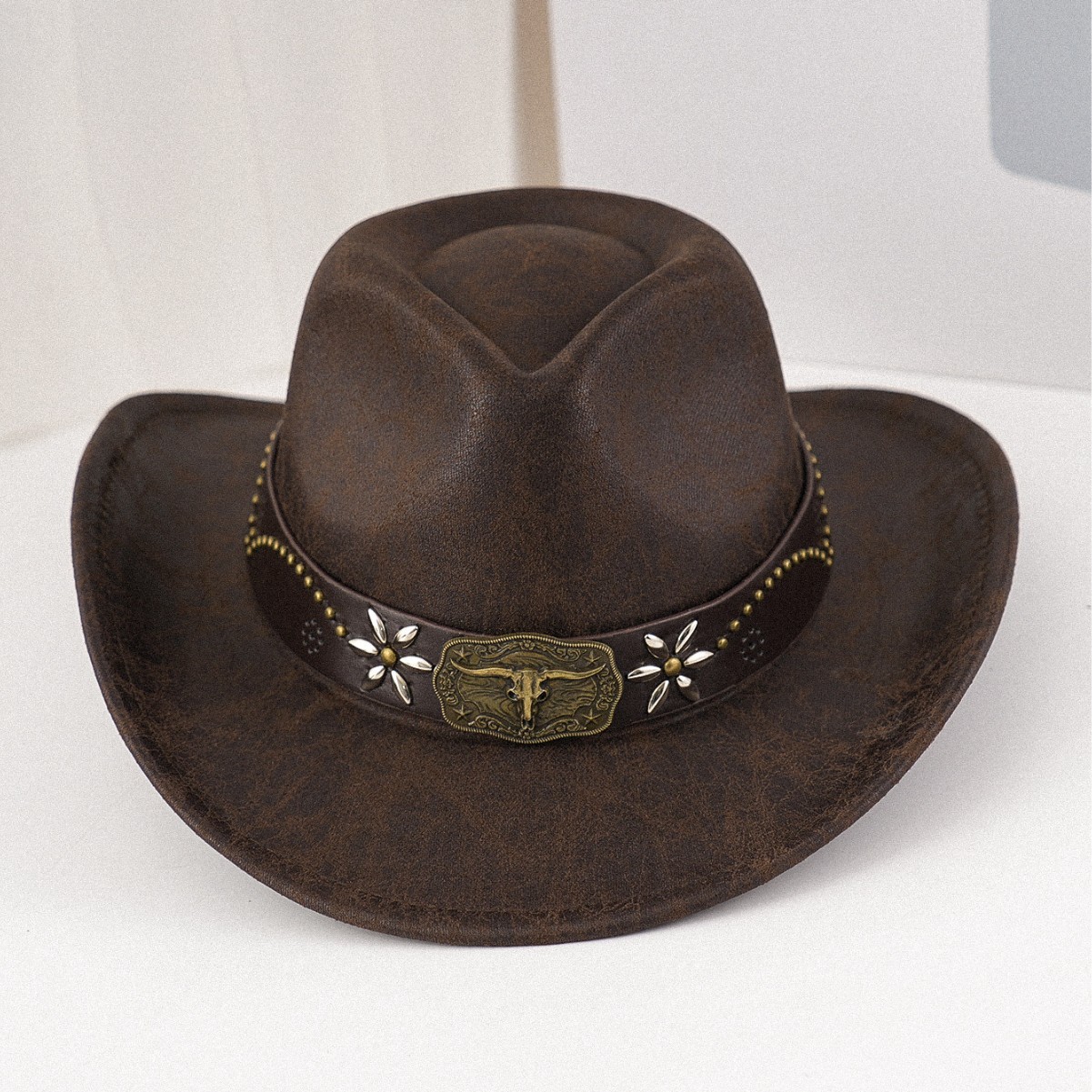 Ethnic Style Bull Head Hat with Western Cowboy Hat Travel Horseback Riding Outdoor Hat Autumn and Winter Women's Retro Hat with Large Brim