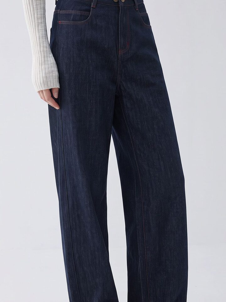 Quần jean ống rộng nữ lưng cao dáng suông dài phong cách thoải mái — Sâu denim xanh