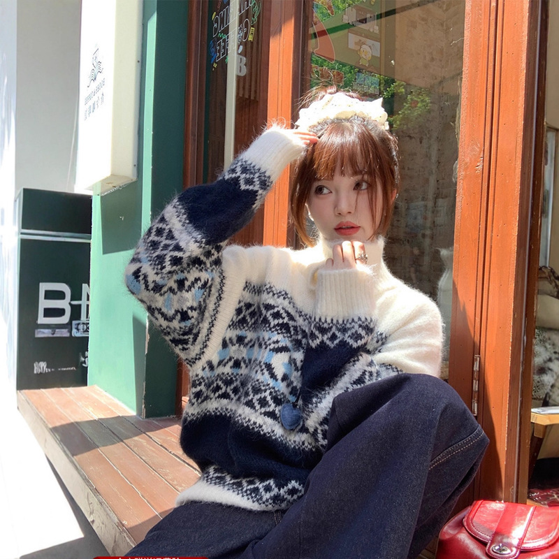 Fair Isle Turtleneck Sweater for Women, Lazy and High-End Half-Zip Design Niche Wool Knitted Top Fair Isle Turtleneck Sweater for Women, Lazy and High-End Half-Zip Design Niche Wool Knitted Top