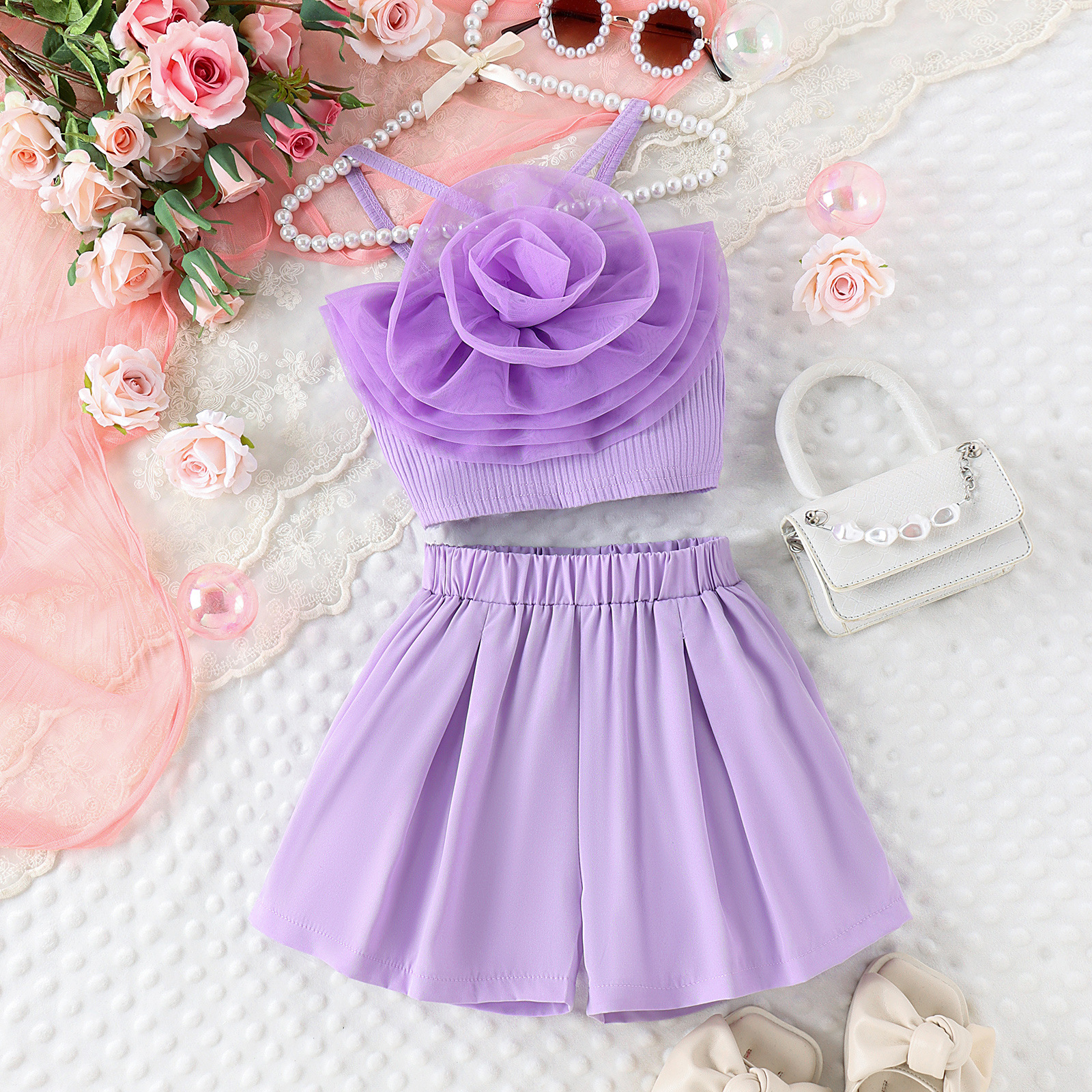 166g Weight Kids Clothing Sets Children's Clothing Type Sleeveless Sleeve Length Cotton Fabric Type Pants Sets Sets Type 2 Pieces Set Quantity Casual, Daily Occasion Collarless Neckline Regular Fit Fit Type Flower Pattern Summer Season Girl'S Gender Elegant Style Elegant Flower Cotton Girls Clothing Sets 6