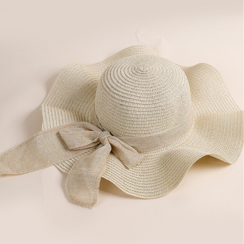 Summer women's travel sun protection large brim beach hat wavy ribbon versatile simple sun hat manufacturer wholesale straw hat