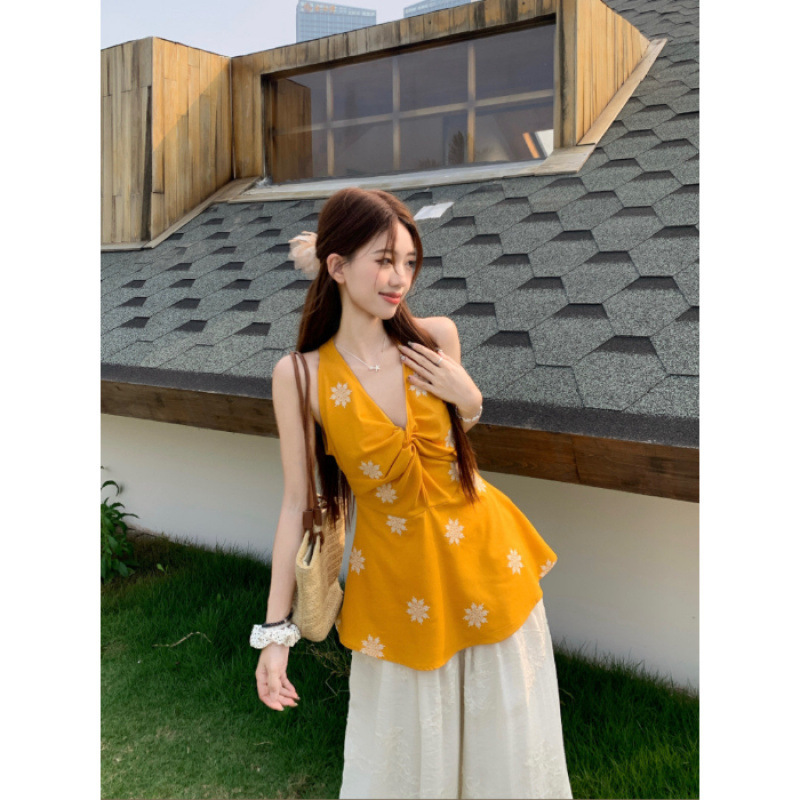 纯棉法式设计感扭结甜辣妹吊带背心阔腿休闲裤夏季新款时尚套装女|undefined