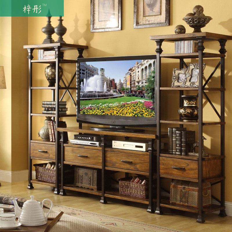 电视柜美式复古书柜抽屉组合中小户型客厅实木铁艺边架液晶电视桌