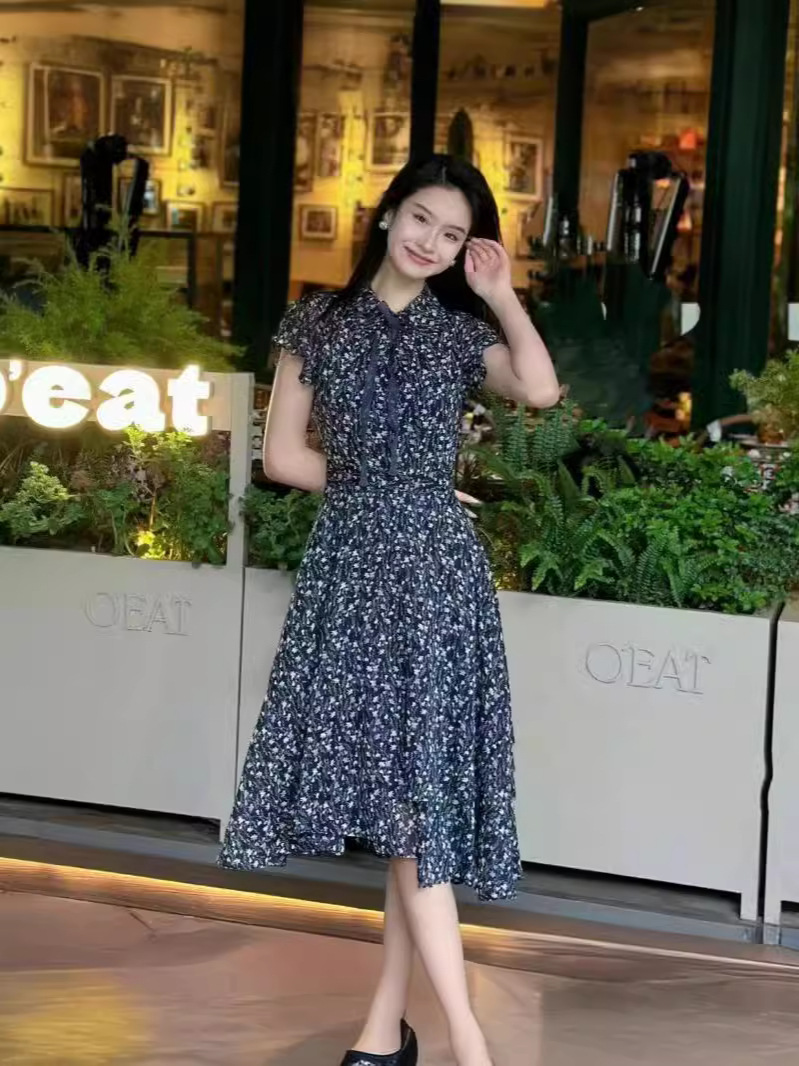 Váy liền thắt eo tay ngắn họa tiết hoa vỡ phong cách ngọt ngào — Màu xanh hải quân-hoa vỡ