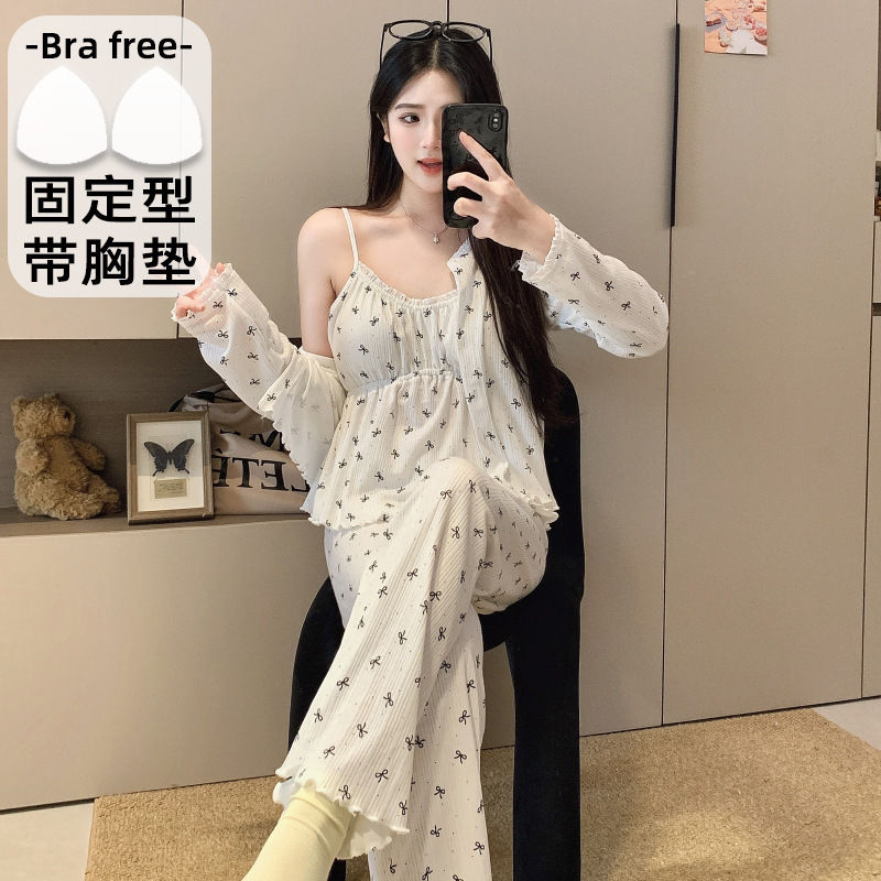 2025春夏季新款三件套6535棉带胸垫可拆卸背心+长袖+长裤女士睡衣|undefined