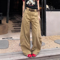弯刀牛仔阔腿裤美式卡其色宽松慵懒高腰显瘦小个子女式牛仔裤子