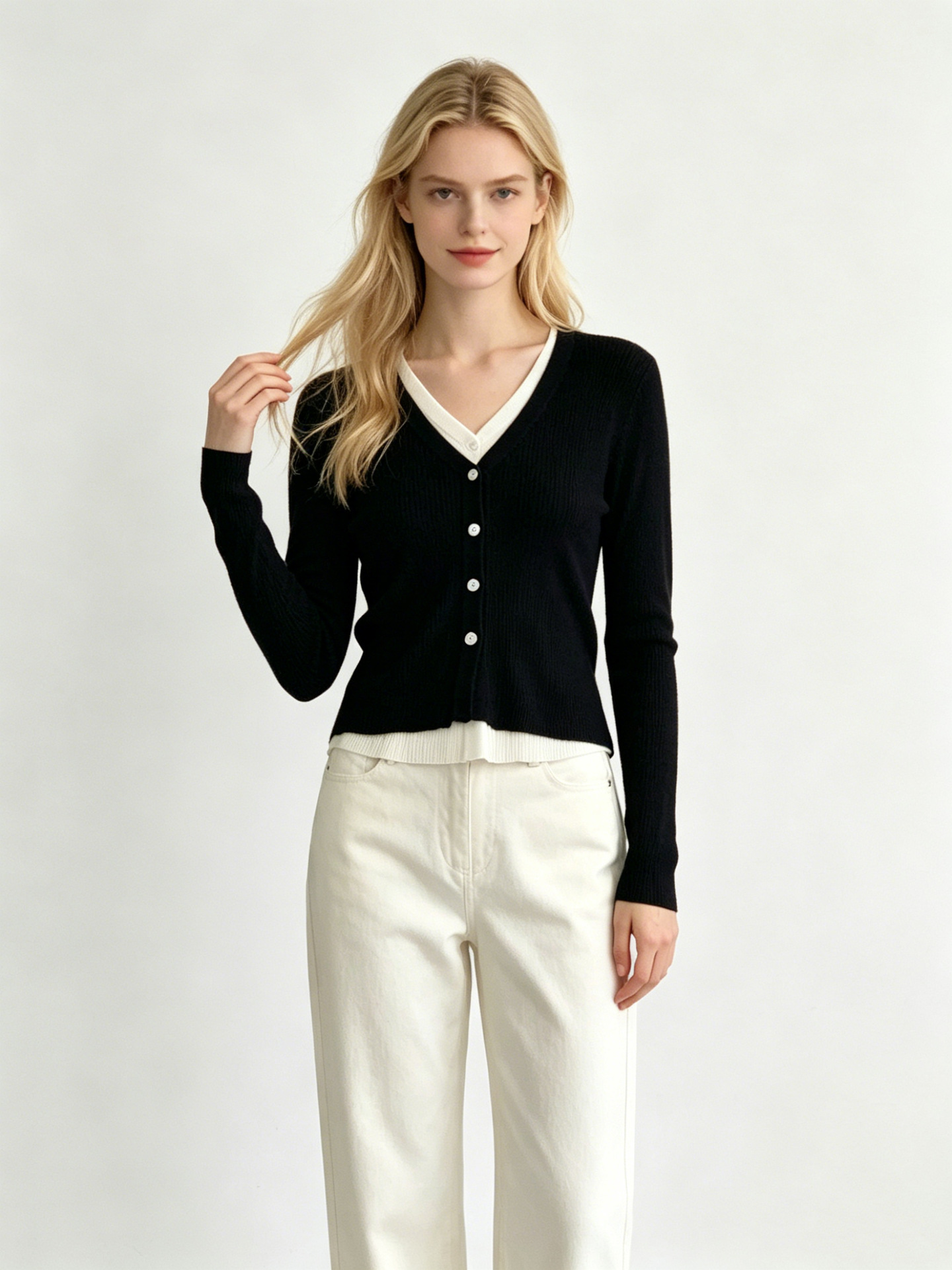 Russian Foreign Trade Clothing Fake Two-Piece Knitted Cardigan for Women, New Autumn and Winter Long-Sleeve V-Neck Stylish Base Top