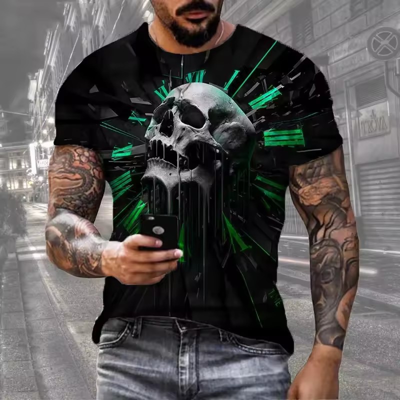 Thriller Hell Skeleton 3D Print Camiseta de cuello redondo de manga corta transpirable de malla suelta de verano para hombre