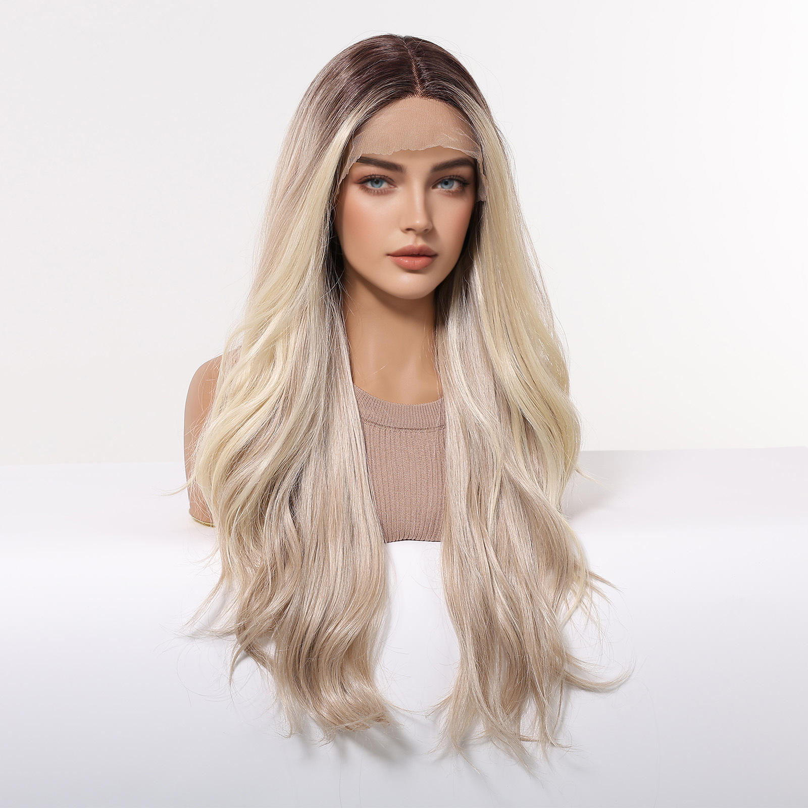 Ventas transfronterizas calientes gancho de mano pequeña T frente peluca de encaje mujer cubierta de cabeza completa oro gradiente dividido en rollo largo encontrado encaje