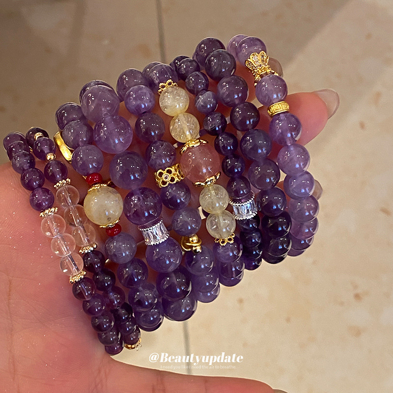 Pulsera de pulsera de cristal amatista de marca redonda de circón apilada, pulsera de lujo ligero, pulsera de alta calidad, diseño de nicho, joyería de mano para mujer