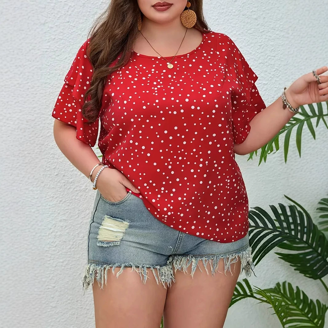 2025 новая независимая станция Amazon, трансграничная женская одежда больших размеров, европейский и американский повседневный стиль для отдыха, рукава с листьями лотоса, узор в горошек