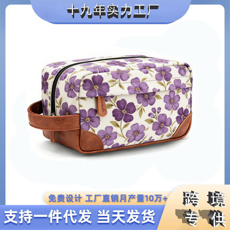 Cross-Border New Style Purple Morning Glory Canvas Toiletry Bag for Women, Portable Casual Travel Women's Printed Canvas Makeup Bag
