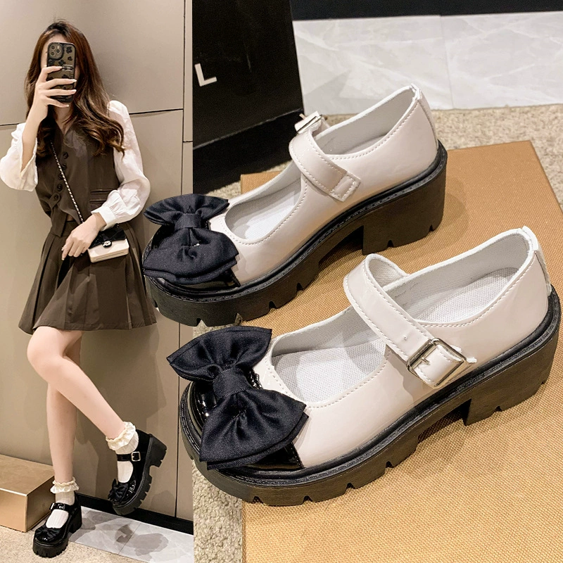 Британские универсальные туфли-лодочки с бантом, лето 2025, новые, на толстом каблуке и толстой подошве, на одной лямке, маленькие кожаные туфли Мэри Джейн