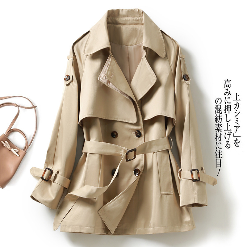 职业通勤风衣2023春新款收腰双排扣翻领小个子短款风衣外套女4682