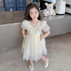 女寶寶夏季短袖蕾絲公主裙2024夏天新款網紗裙子夏裝女小童連衣裙