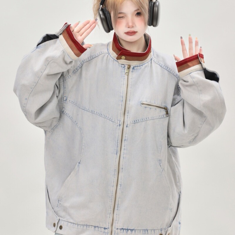 Unique Design Washed Color-Block Stand Collar Denim Jacket for Men and Women, Autumn Loose Casual Slim Versatile Trendy Jacket