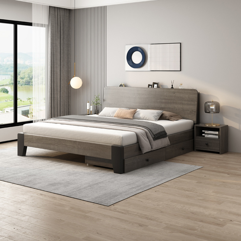 Solid Wood Bed Nordic Style Double Bed Master Bedroom 1. 81.5m Single 1.2m Bed Frame Multifunctional Solid Wood Bed