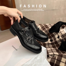 头层牛皮雕花双扣英伦风小皮鞋女纹粗跟葡萄妈圆头马皮鞋缩同款