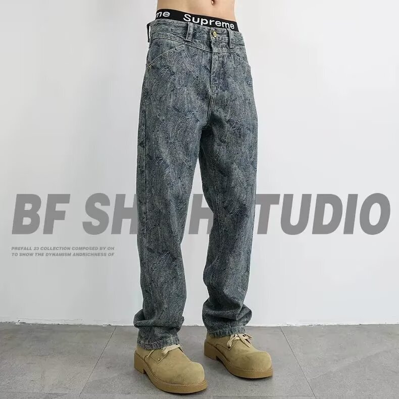 Hong Kong style trendy men's summer new 2026 personalized letter jeans hip-hop ins trendy high street fashion cool long pants Hong Kong style trendy men's summer new 2026 personalized letter jeans hip-hop ins trendy high street fashion cool long pants