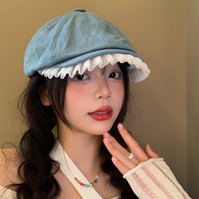 Boina de vaquero de encaje para mujeres primavera y verano estilo japonés retro cara pequeño pintor sombrero versátil gorro de avance