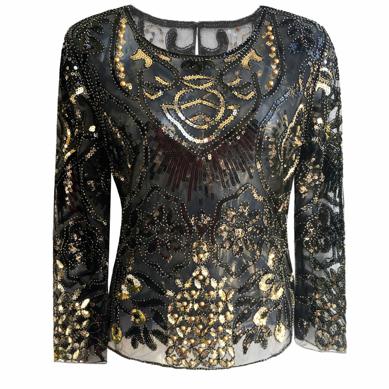 Cross-border Hot Sale Women Round Neck Bling Shiny Shine Top Long Sleeve See-through Beaded T-Shirt Blouse