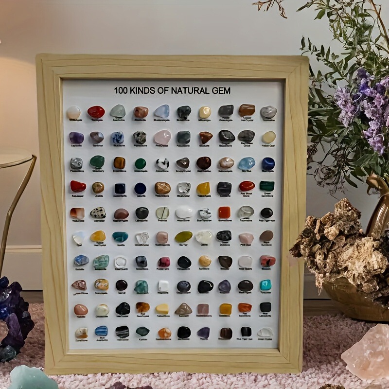 100 Types of Crystal Mineral Specimen Ornaments, Agate Raw Stone Geological Children's Educational Science Cross-Border Rare Stone Display Frame