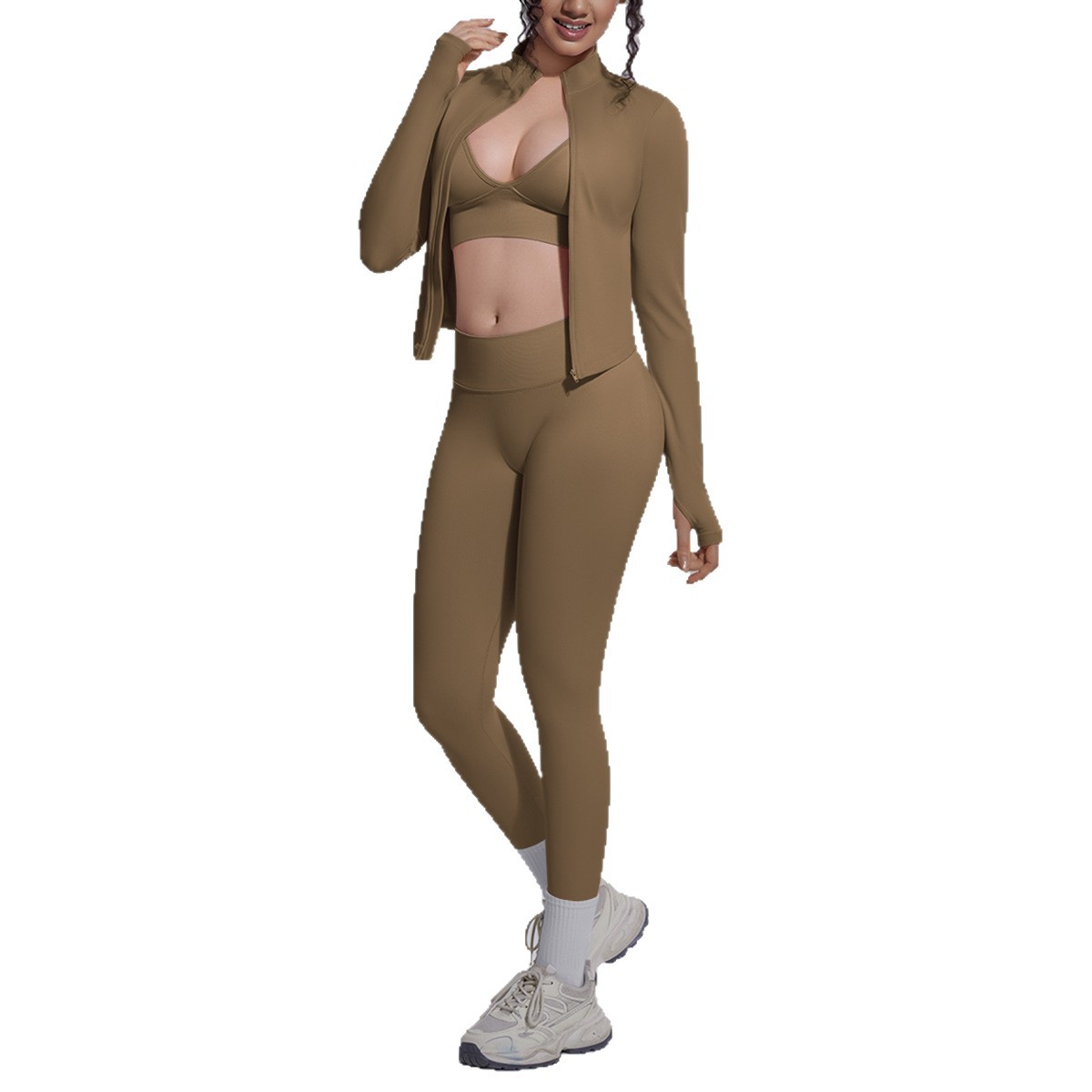 Nuevo transfronterizo sin costuras color sólido apretado alto elástico hermoso trasero transpirable tres piezas juego de ropa de yoga deportiva para correr image 6