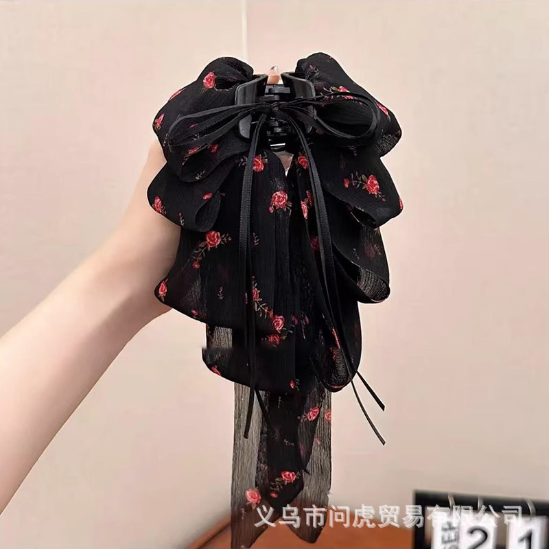 黑色缎面蝴蝶结抓夹女高级感2025新款后脑勺发夹气质头发夹子头饰|undefined