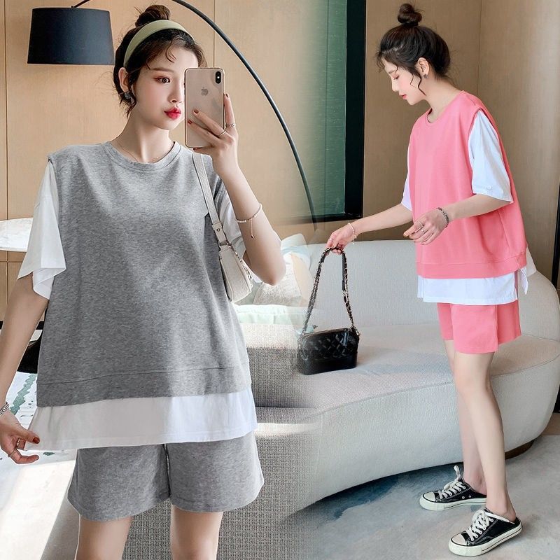 Maternity's Summer Short-sleeved T-shirt Sports suit Going Out Fake Two-piece Home Clothes Top Belly-supporting Shorts Two-piece Set