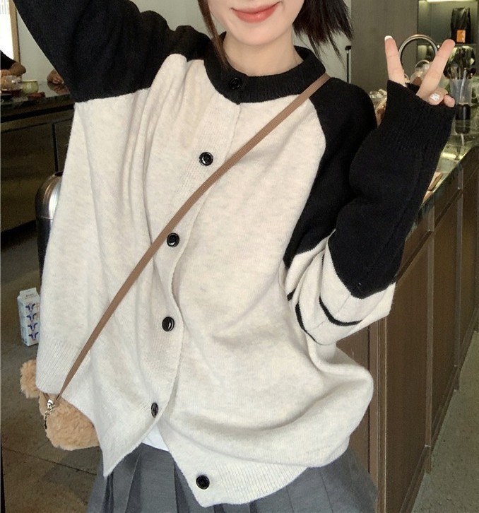 法式学院风减龄撞色拼接长袖针织衫女秋冬季新款宽松百搭开衫上衣|undefined