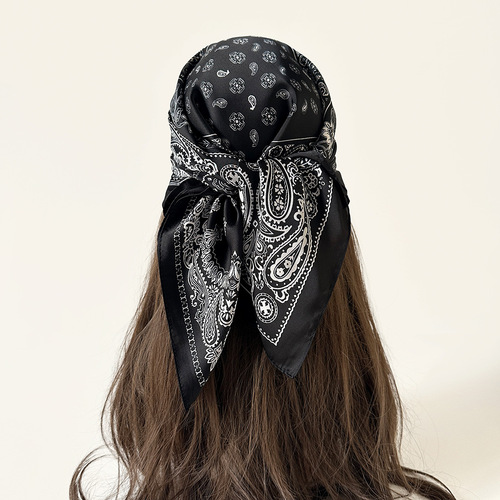 Black and White Cashew Nut Silk Scarf Wholesale Cross-border AliExpress Bestselling 70cm Head Scarf Women's Summer Thin Scarf