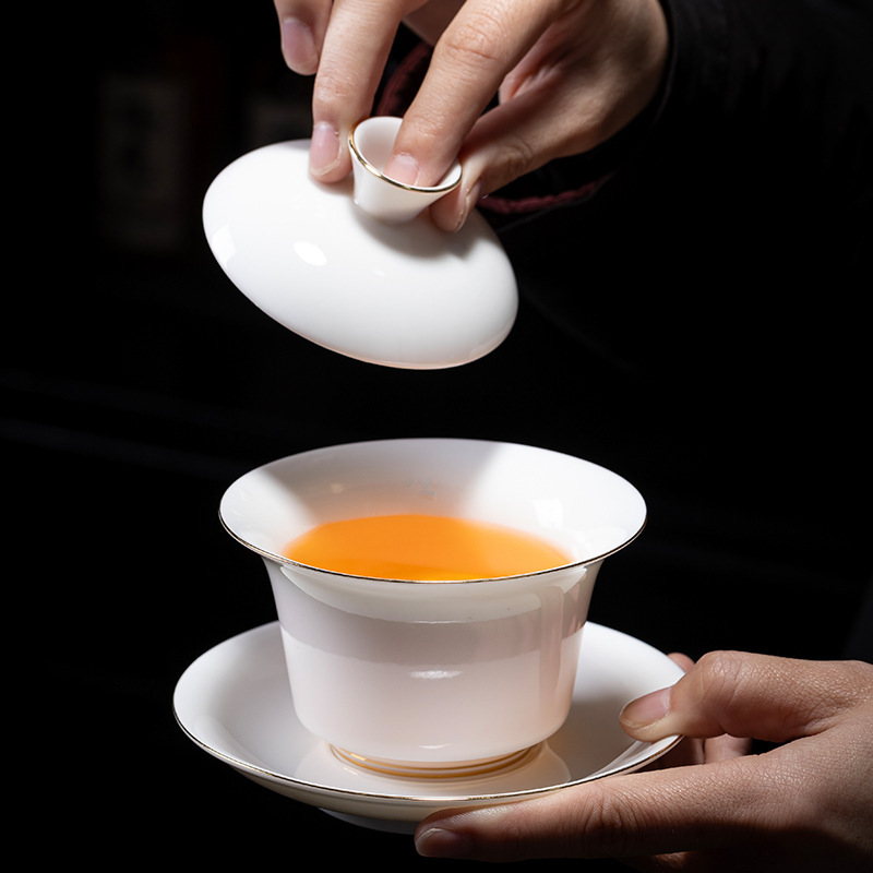 徳化白磁茶器、羊脂翡翠三才蓋ボウル、陶磁器カンフー茶ボウル、火傷防止蓋ボウル、ロゴ入りティーカップ|undefined